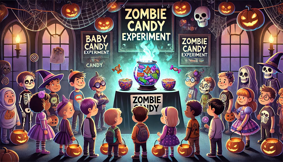 Children in Halloween costumes line up at a glowing bowl labeled Zombie Candy, beside a sign for Baby Candy
